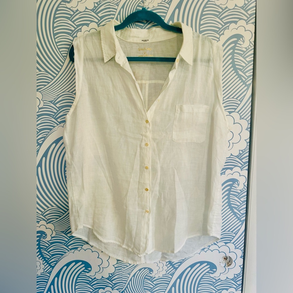 Lilly Pulitzer White Linen Sleeveless Button Down Shirt